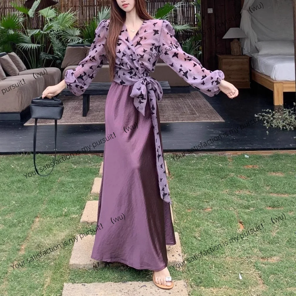 

Королевская сестра, французский темперамент, бретелька с принтом бабочки, рубашка с длинными рукавами и v-образным вырезом, дизайнерский костюм, женский атласный костюм с высокой талией, половина тела