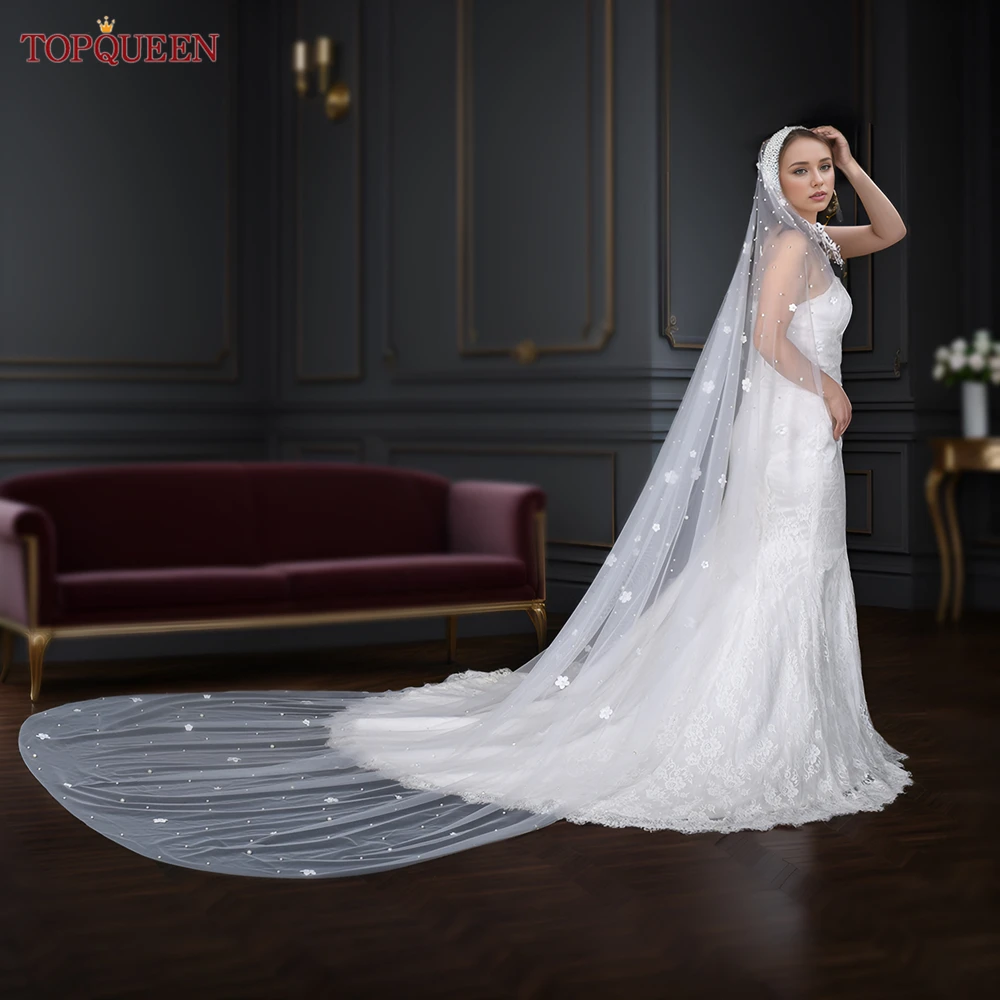 TOPQUEEN-velos de novia con cuentas de perlas, con peine velo de novia, flor 3D, 1 capa, blanco roto, Blanco dramático, marfil, V245