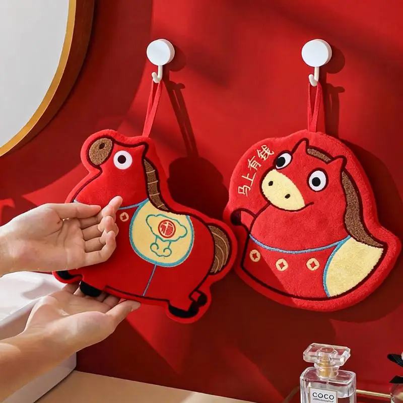 

Полотенце для рук с рисунком лошади, коралловый флис, китайский Новый год, домашние кухонные салфетки, утолщенные подвесные впитывающие полотенца с лошадью для ванной комнаты