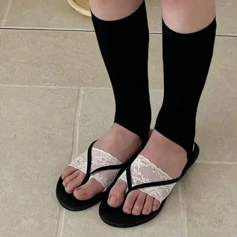 Summer Women Lace Ins Thin Split Toe Half Socks Trendy Solid Color Sweet Korean Cotton Socks Match Slippers Flip Flops