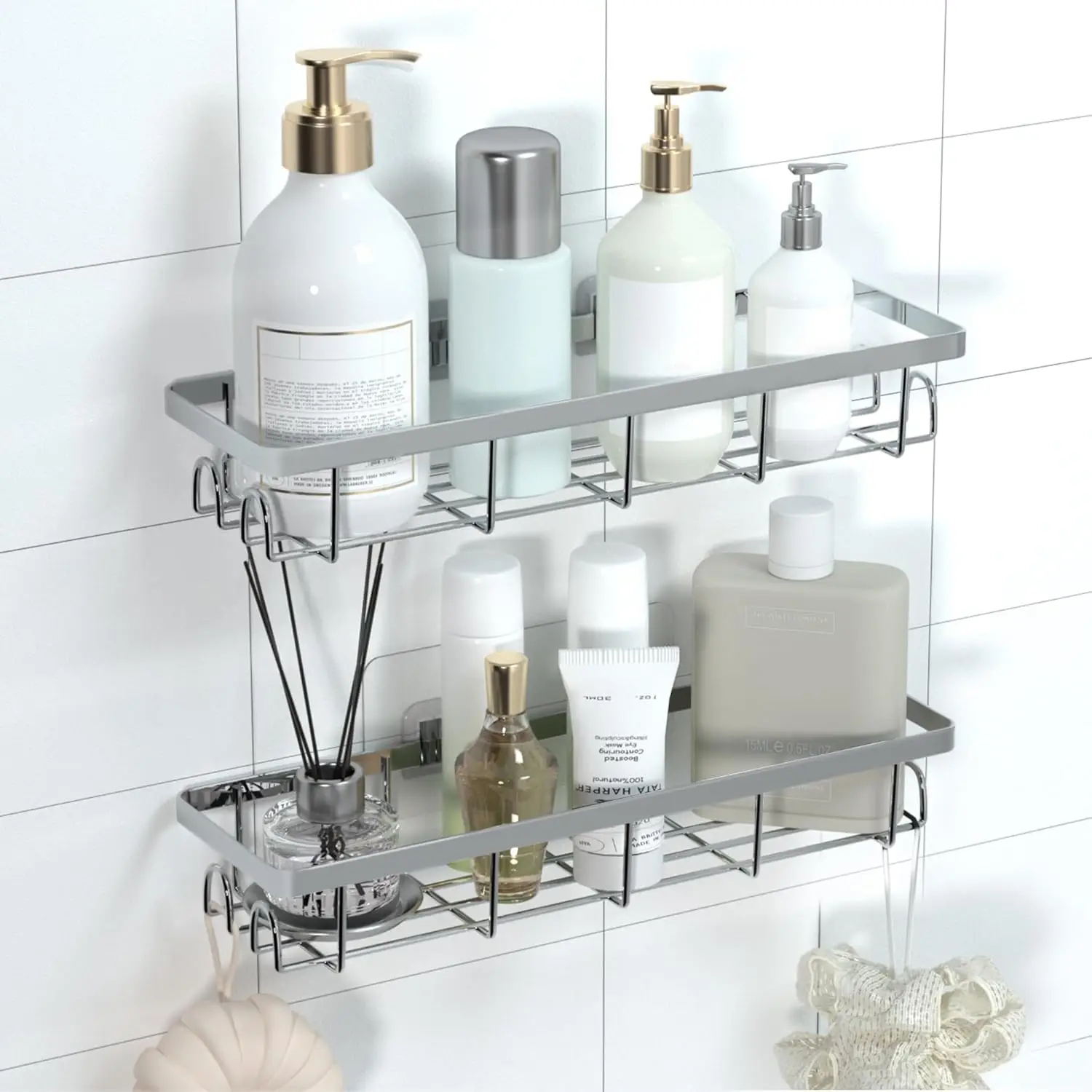 2 Pack Silvery Self-Adhesive Shower Caddy Organizer Hooks No Drilling Required RV Apartment Home Decor Bathroom Shelves Bathroom