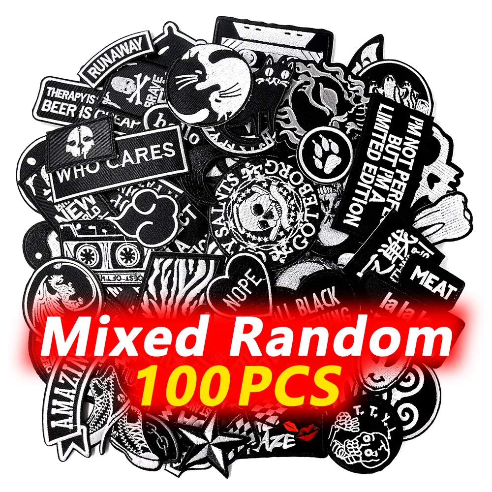 100Pcs/Lot Random Mix Black Patches Embroidery Applique Ironing Clothing Apparel Sewing Supplies Decorative Cloth Patch