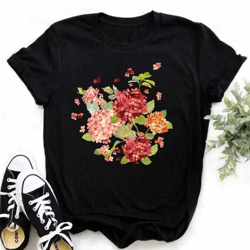 Fashion Red Poppy T-Shirt Women Funny Black Printed Tops Tee Female Short Sleeve Tshirt Harajuku Tee Shirts 90s Girls T-shirts