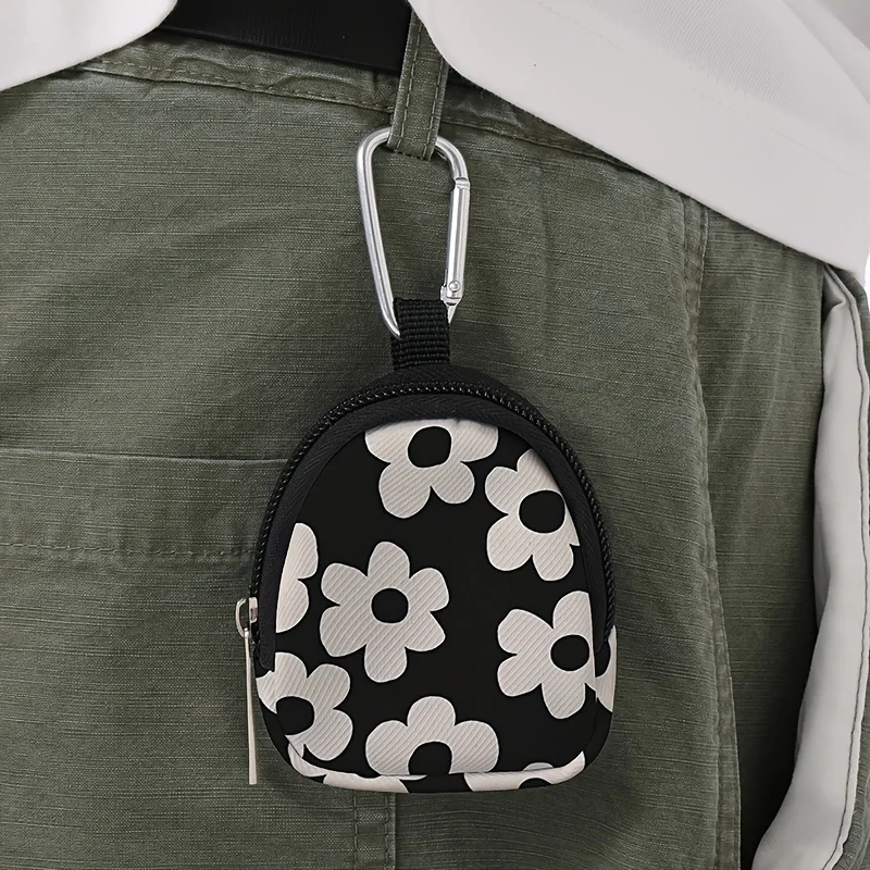 กระเป๋าสตางค์ขนาดเล็กพิมพ์ลายดอกไม้สีขาว 1 ชิ้น กระเป๋าใส่เหรียญซิปน้ำหนักเบา พร้อมคลิปหนีบและกระเป๋าใส่กุญแจหูฟัง