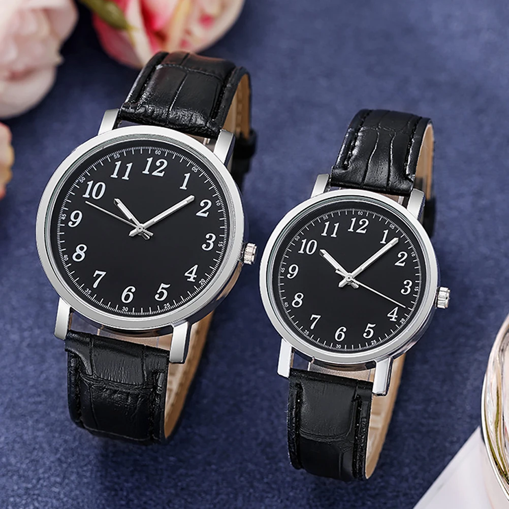 

2 pcs Alloy Glass Lovers Watches Black Durable Business Leisure Adjustable Strap Modern Couple Wristwatches Gift For Him