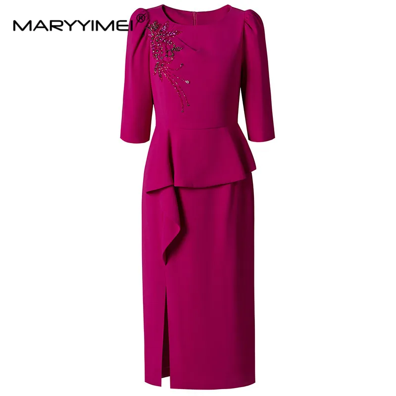 

MARYYIMEI New Fashion Runway Designer Women's Round Neck Puffy Sleeve Beaded Ruffled Patchwork Split Rose Red Hip Wrap Dress