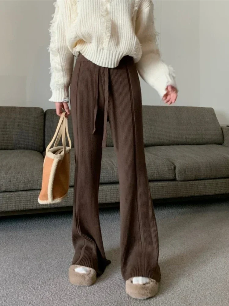 Knitted Flared Pants for Women Casual Fashion Thickened Warm White Pants Cashmere Solid Loose Autumn/Winter New Woman Trousers