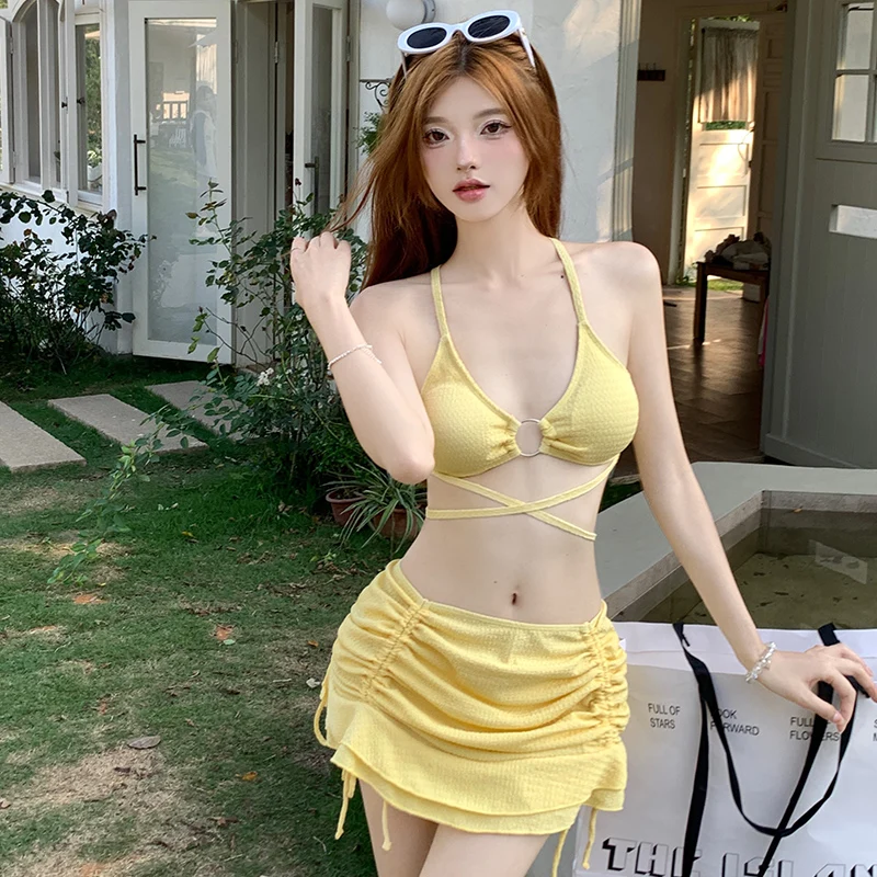 Wisuwore Sexy Beach Bikini 2023 New White Split Three Piece Swimwear Hanging Neck Strap Holiday Bikini