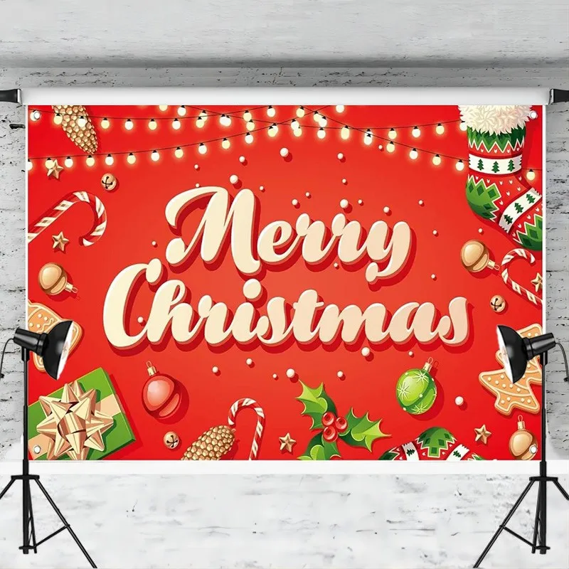 Merry Christmas Red Backdrop Christmas Stocking Gifts Background for Photography Party Decoration Banner Photo Booth Studio Prop