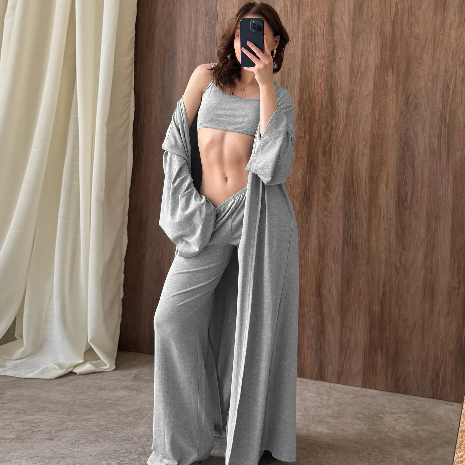 Yellow Milk Silk Suspender Underwear Robe Trousers Can Be Worn Outside Pajamas Three-piece Set 2026  Autumn New Women's