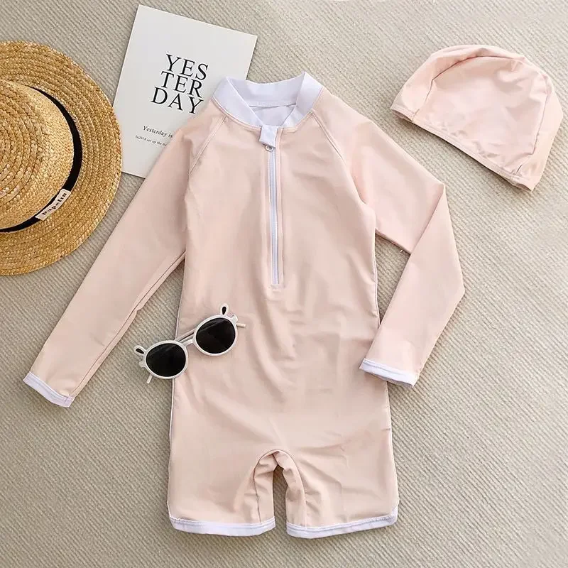 Korean Children\'s Swimsuit Baby Swimwear Boy Zipper One Piece Long Sleeved Quick Drying Cute Girl Swimsuit Kids Swim Suit Boys