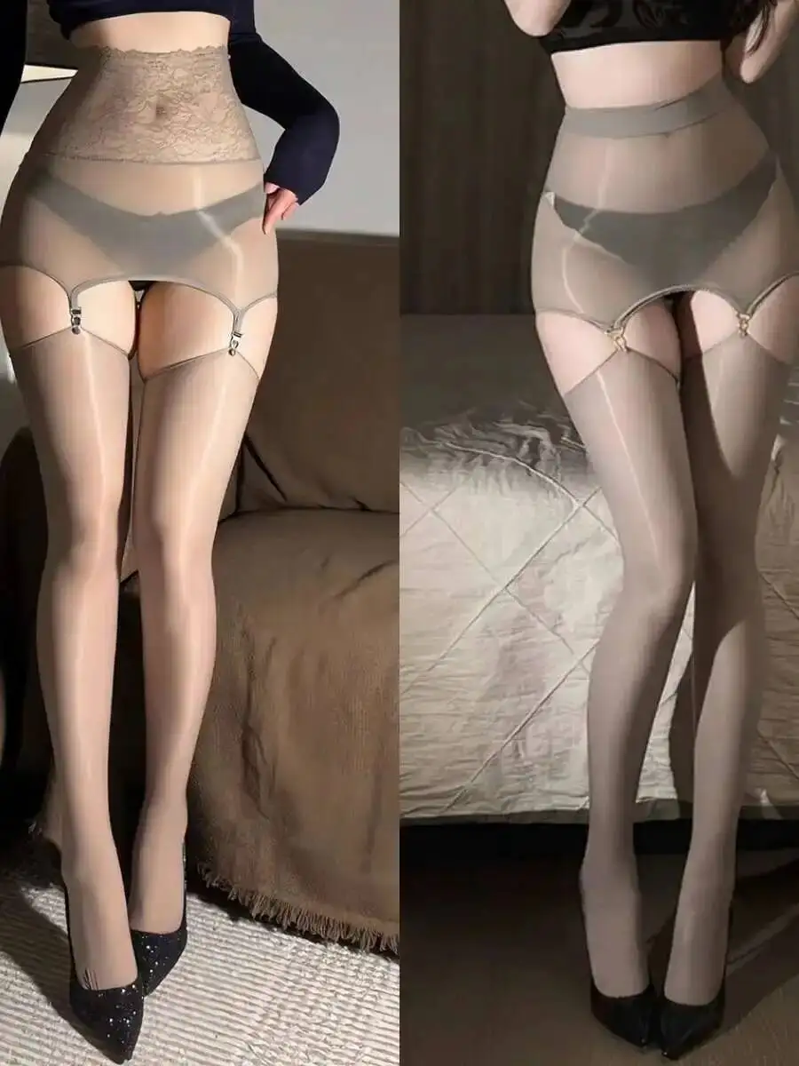 جوارب بحمالات مزيتة من الدانتيل الأسود مع لمسة رومانسية وزيت الحصان فوق الركبة جوارب حريرية سوداء لامعة ناعمة حلوة N6FG