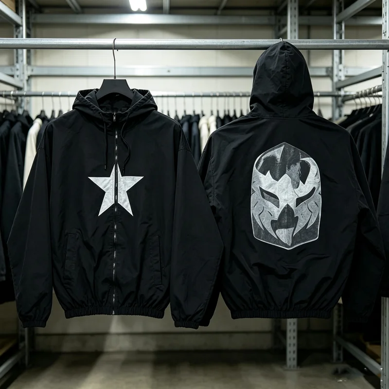 Chest Star Print Black SZN Kanye Zipper Hoodie Trench Coat Men Women Back Mask Printed Loose Hooded Jackets Winterproof Clothes