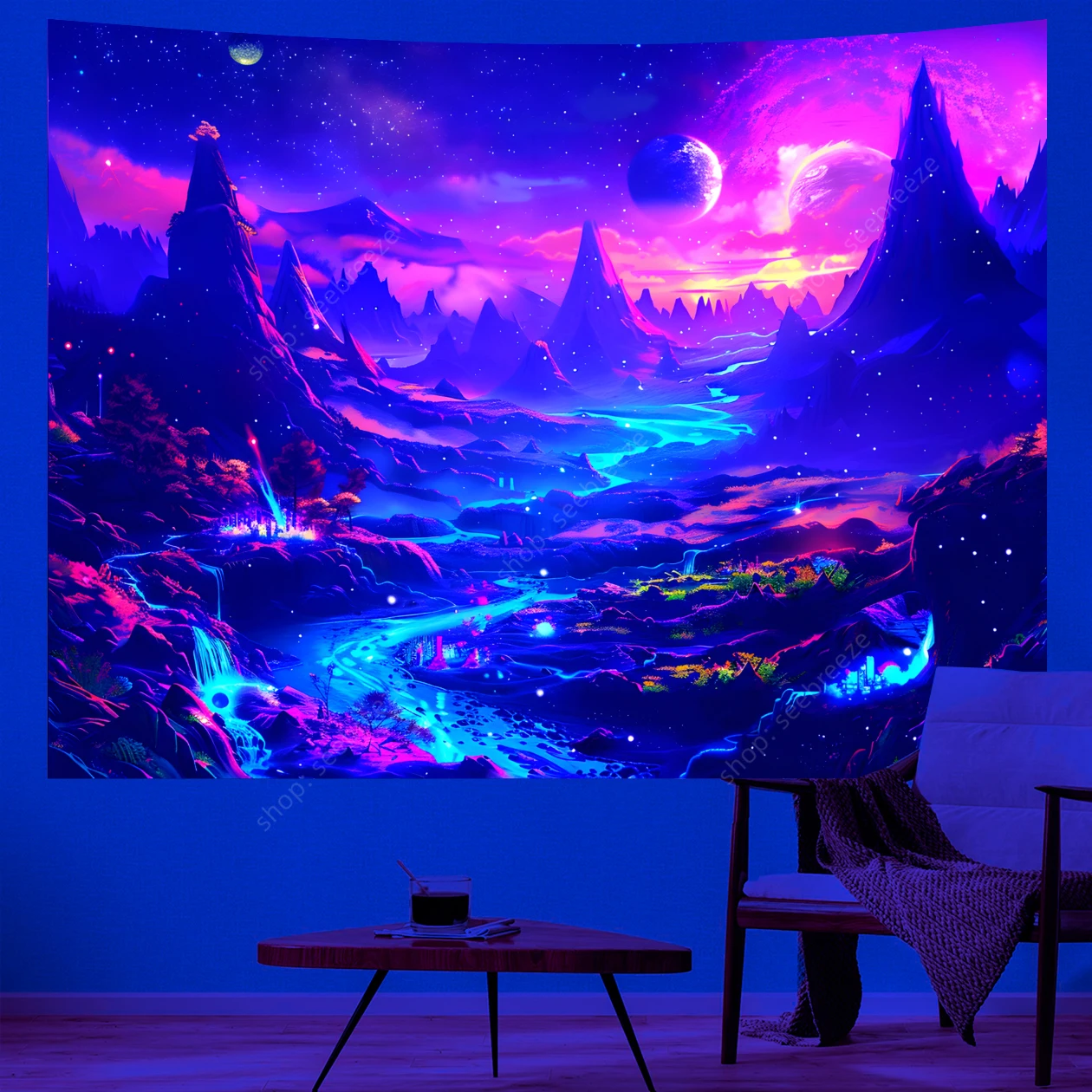 Planet UV Reactive Tapestry Psychedelic Mountain and River Neon Art Wall Tapestry for Bedroom Aesthetic Dorm Party Decor Curtain