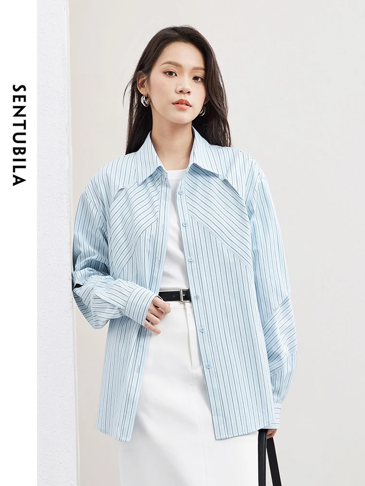 

SENTUBILA Irregular Striped Women's Blouse 2024 Spring Hollow Out Casual Button Up Polo Collar Long Sleeve Shirts Tops 141C53285