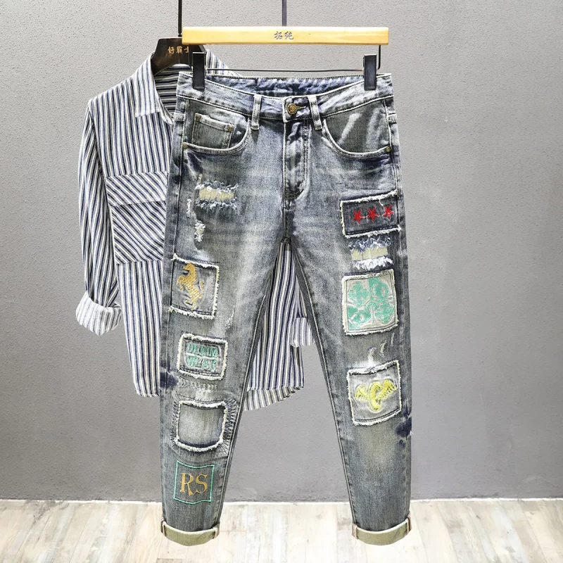 

High Street American Style Men's Jeans with Embroidery, Stretch, Ripped, Patched, Slim Fit, Autumn Winter Long Pants