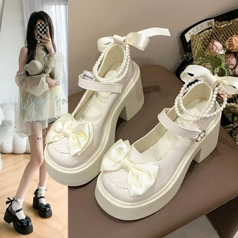 Women's High Heels 2024 High Quality Square Heels Mary Jane Bow Round Toe Buckle Dress Party Women's High Heels Chaussure Femme