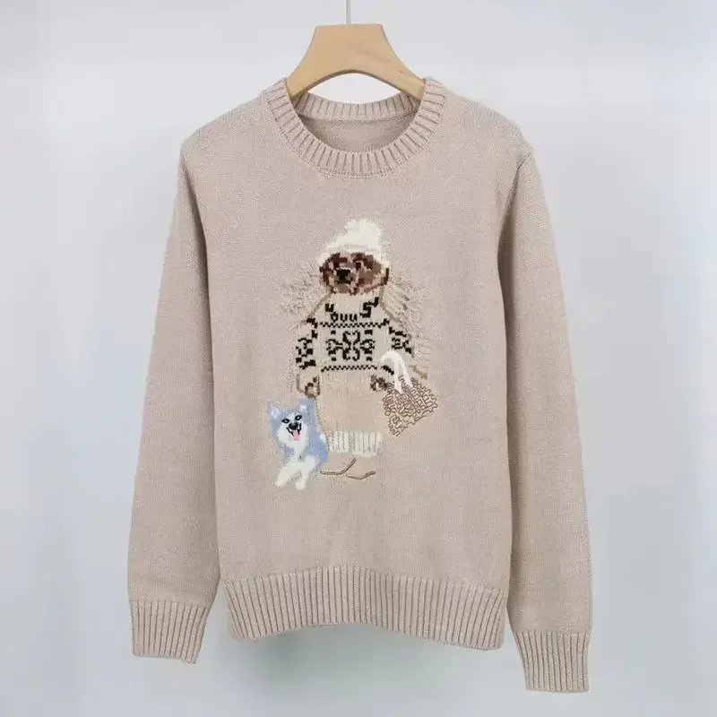 2024 autumn and winter new thick warm cartoon bear khaki round neck long sleeved show casual sweater sportswear