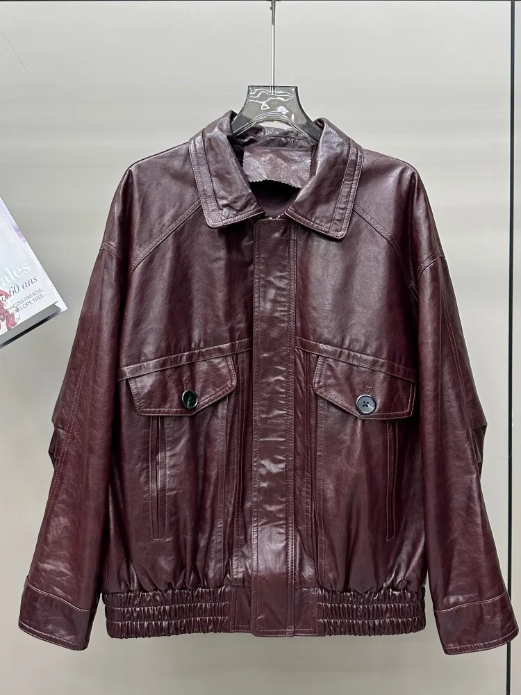 الخريف خمر النفط الشمع معطف جلد الغنم عادية فضفاضة تناسب المرأة سترة جلدية حقيقية ترتيب الأسرة طوق ملابس خارجية سترة واقية الإناث