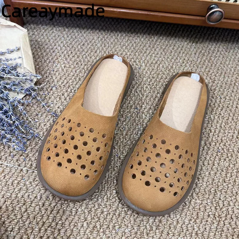 Careaymade-Genuine leather soft surfaces comfortable Women\'s Slippers Retro Flat Bottom Casual Round Head Women Outside Slippers