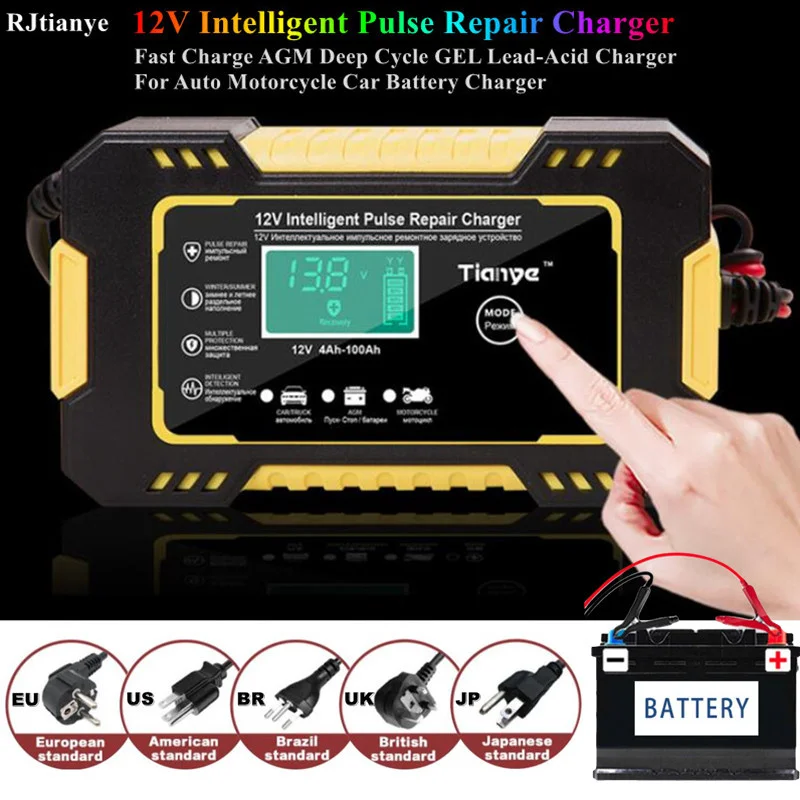 Car Battery Charger 12V Intelligent Pulse Repair LCD Smart Fast Charge AGM Deep Cycle GEL Lead-Acid Charger For Auto Motorcycle