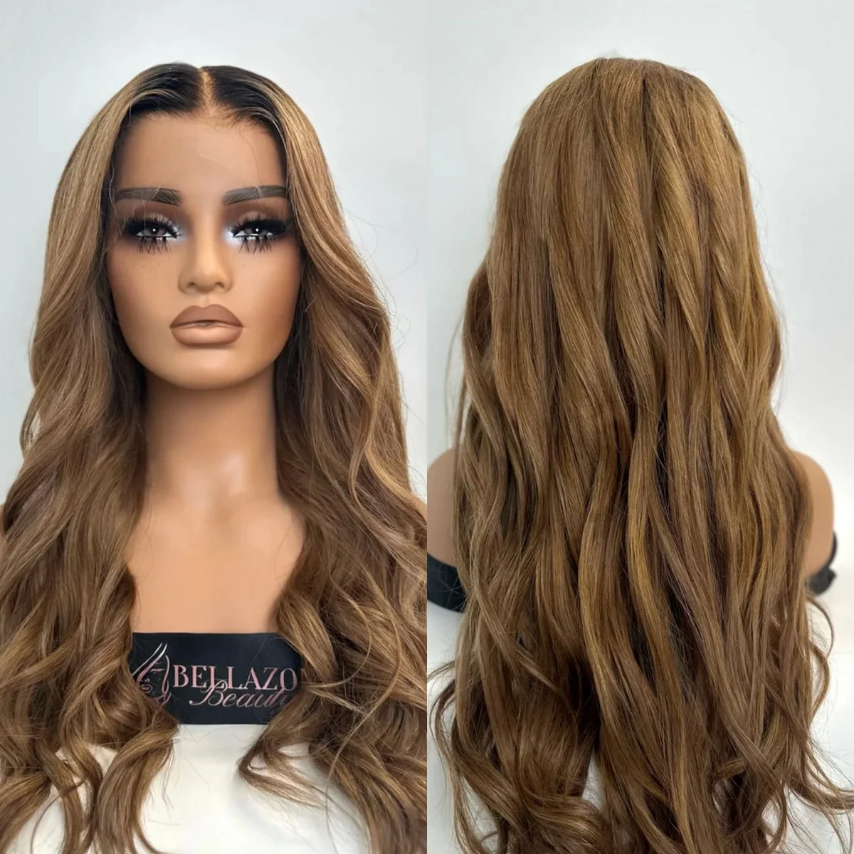 28 Inches Easy To Wear Shadow Roots Chocolate Brown Synthetic Lace Frontal Wigs Long Length Loose Wave 13*4 High Definition Wigs