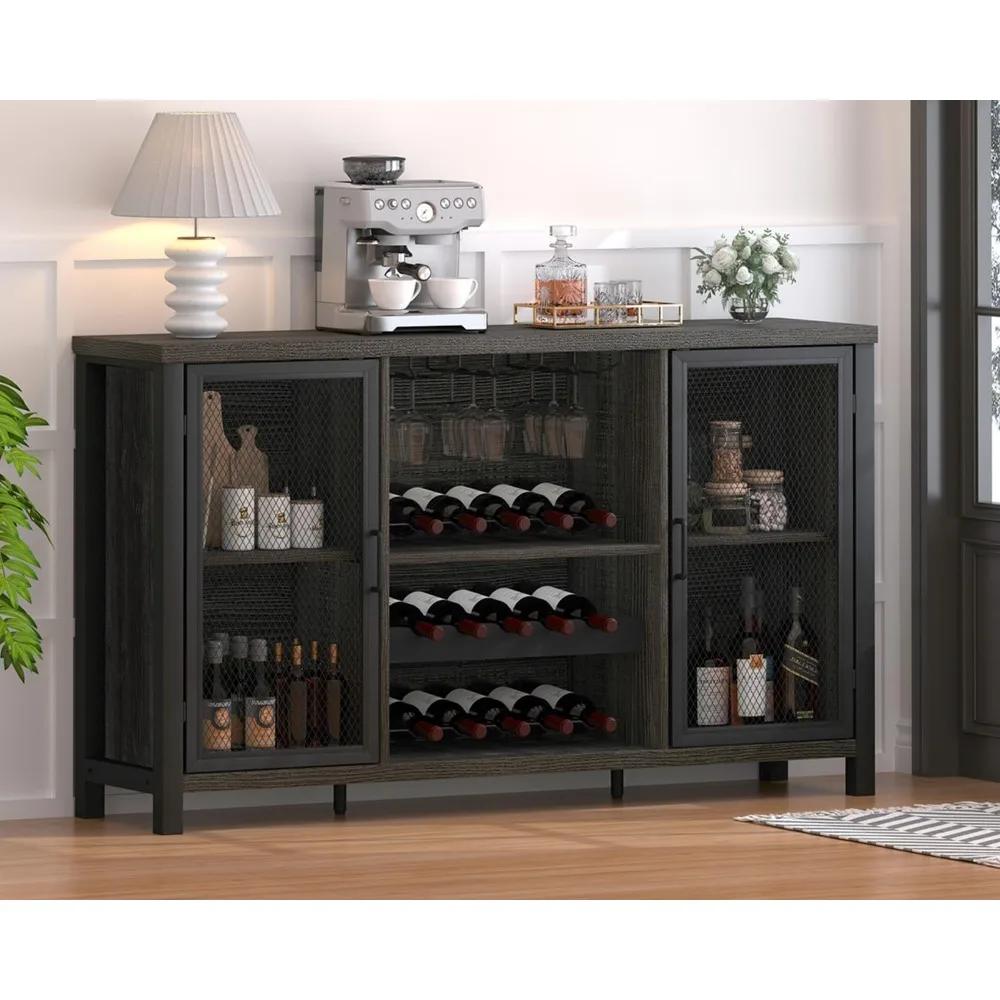 Bar Cabinet, Rustic Coffee Cabinet for Liquor and Glasses, Kitchen Sideboard Buffet with Rack Storage, Dark Oak, 55 Inch