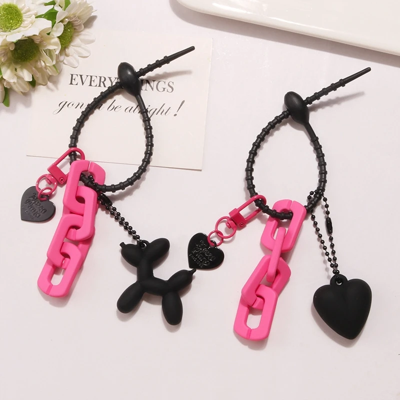 INS Punk Cute Balloon Dog Resin Key Chain Cartoon PU Black Heart Chains Keyring Car Bag Phone Pendant Keychain for Women Couple