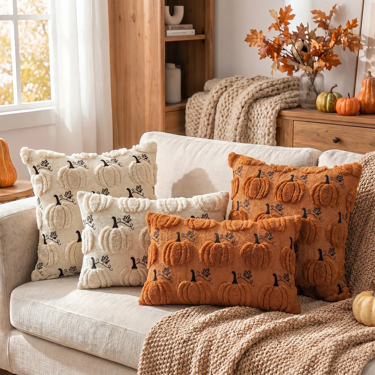 Halloween Autumn Pumpkin Maple Leaf Embroidery Throw Pillow Cover Square Decor Cushion Case Seasonal Home Decor Pillowcase