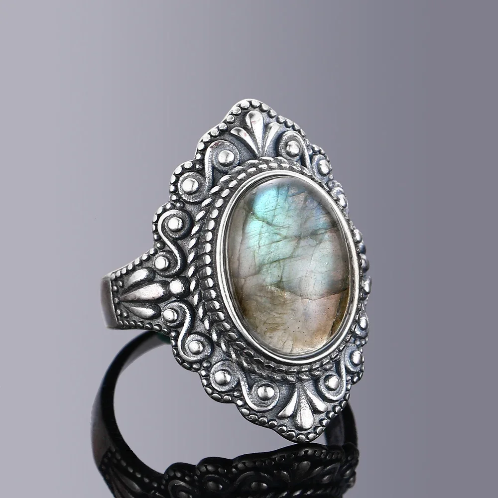 Silver Ring for Women Oval Round Natural Labradorite Ring Gift Sun Shaped Retro Luxury Fine Jewelry