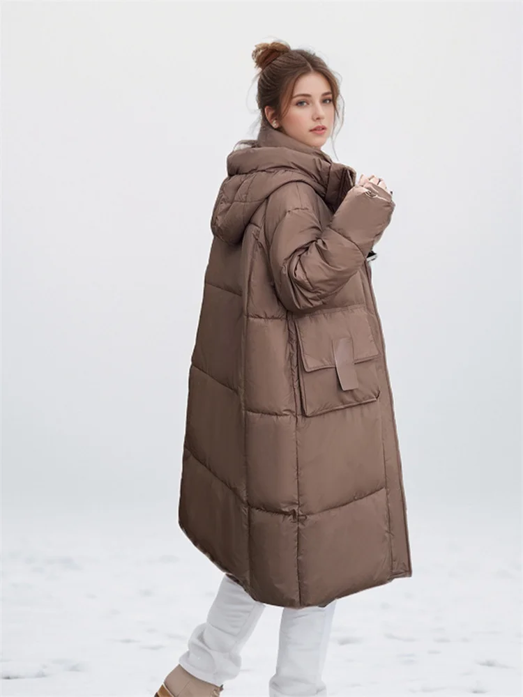 2024 New Woman Down Jacket Winter Long Coat Hooded Big Pockets Fashion Warm Thick Zipper Coat Woman Winter Overcoat