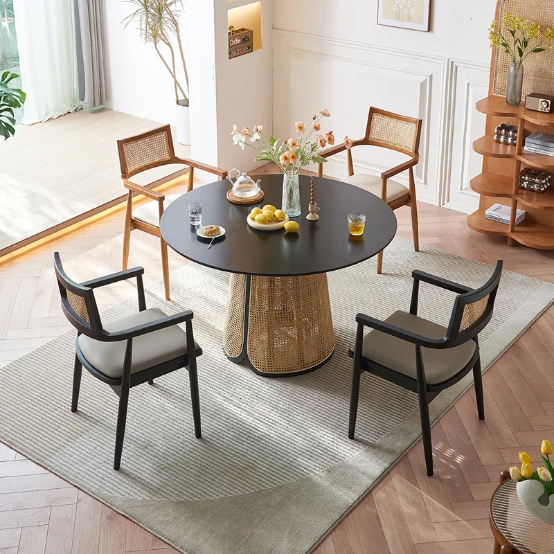 

Wabi-sabi wind rattan dining table chair combination Nordic light luxury retro round table hotel B & B restaurant solid wood