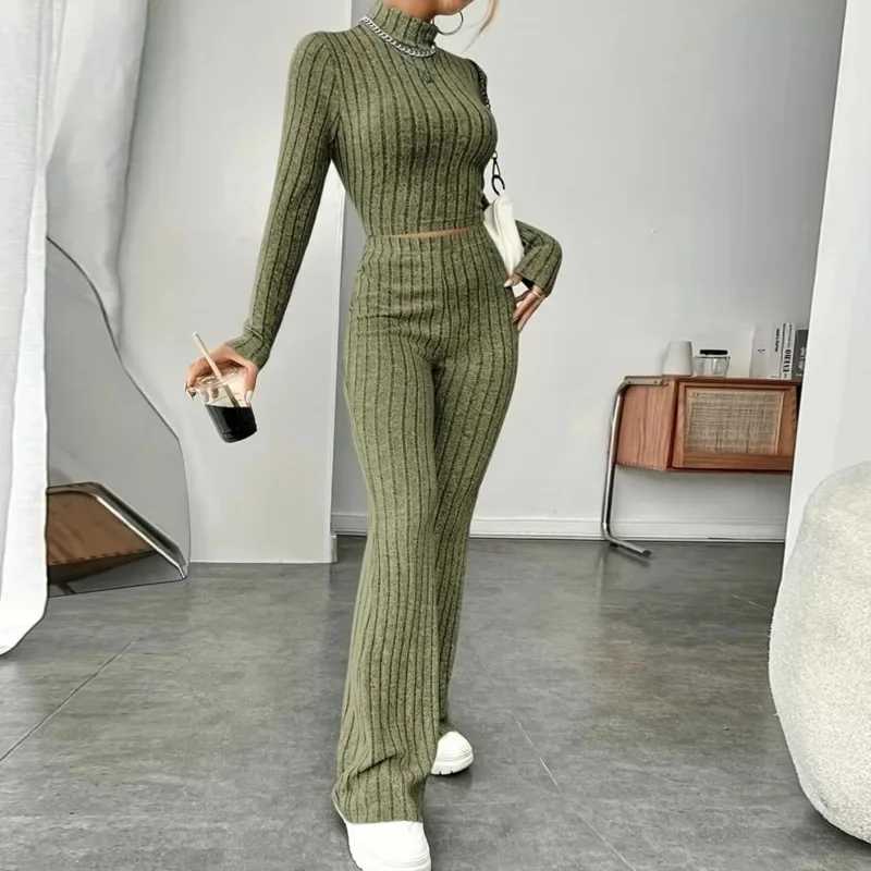 Elegent Knit Pullover Trouser 2 Pcs Set Women Slim Half High Collar Full Sleeve Top Solid Pant Suit 2025 New Lady Sport Outfits