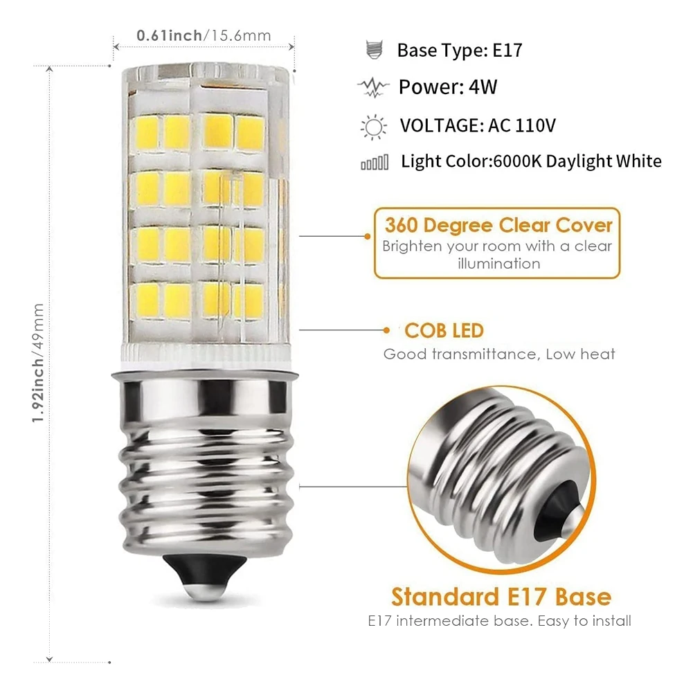 2 Pack 4W Dimmable LED E17 Microwave Oven Bulb , Daylight 6000K 40W Halogen Equivalent Light ,Ceramic E17 LED Bulb