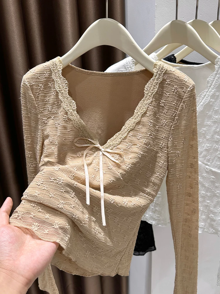 

Женская теплая базовая одежда на осень-зиму с кружевными вставками и V-образным вырезом, утепленная, подходит как для носки под верхнюю одежду, так и как верхняя одежда