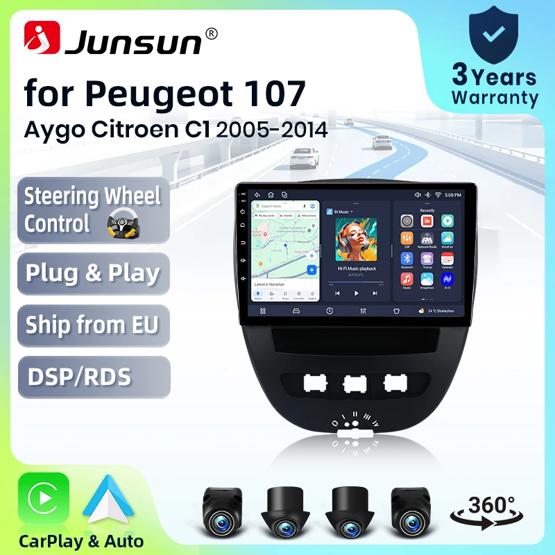 Autoradio Junsun sans fil CarPlay Android Auto pour Peugeot 107 / Toyota Aygo / Citroen C1 (Mk1) 2005-2014 avec ventilateur de refroidissement intégré, navigation GPS Android, lecteur multimédia, WiFi, DSP, RDS, BT, SWC, écran tactile IPS, autoradio, lecteur vidéo, unité principale, stéréo