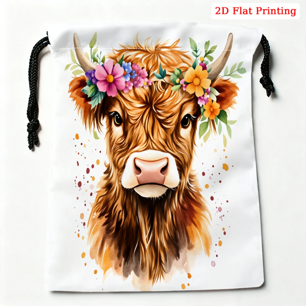 1pc Cute Highland Cow Floral Crown Drawstring Bag White Animal Print Storage Small Pouch For Travel Cosmetics Jewelry Organizer