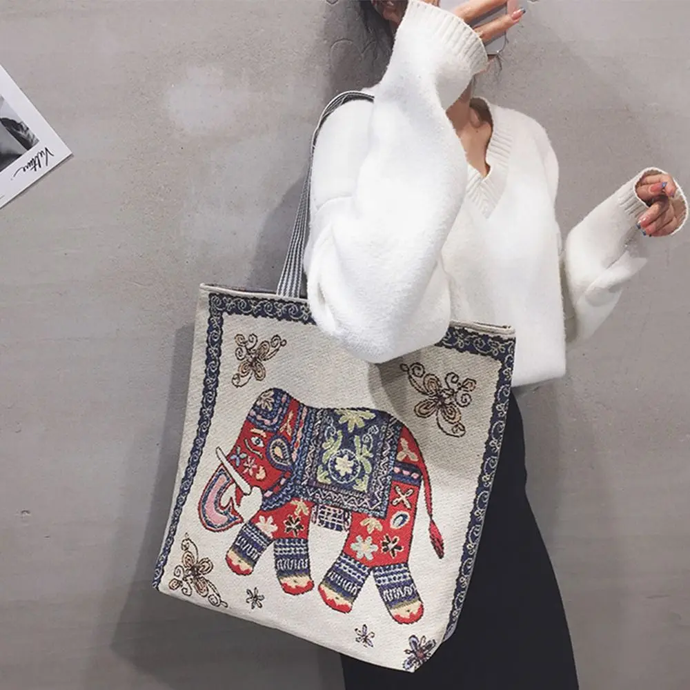 Elephant Ethnic Style Handbag Vintage Animal Canvas Canvas Tote Bag Embroidery Handbag Women Shoulder Bags Storage Bag