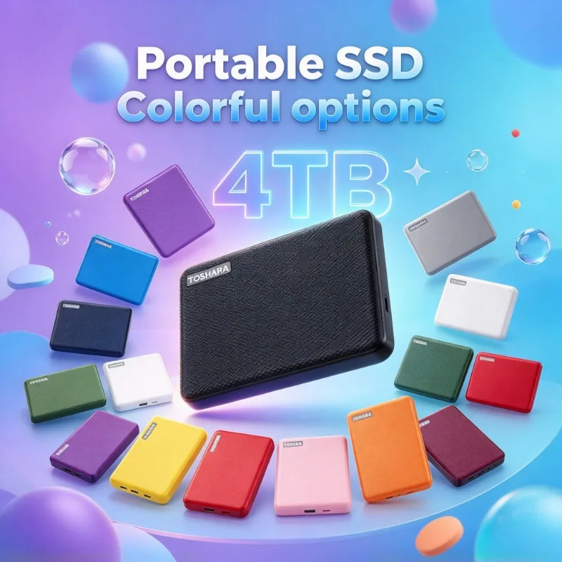 SSD externo portátil de alta velocidade com capacidade de 4 TB, disponível em várias cores, para uso em laptops, computadores de mesa e como armazenamento externo para telemóveis.