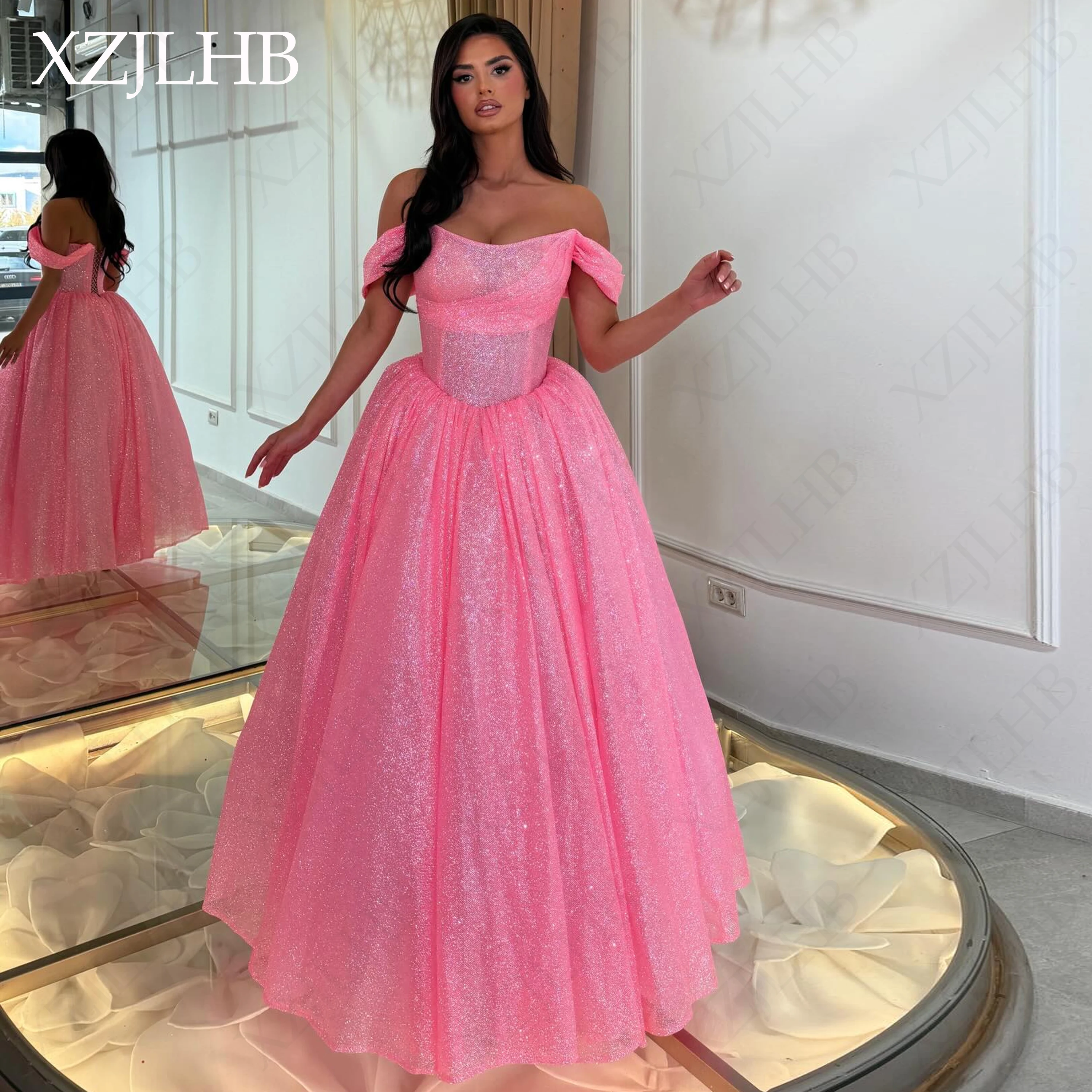 XZJLHB Pink Sparkly Off Shoulder Prom Dress Women's Corset Bodice Party Dresses Tulle Long Quinceanera Ball Gowns Personalized