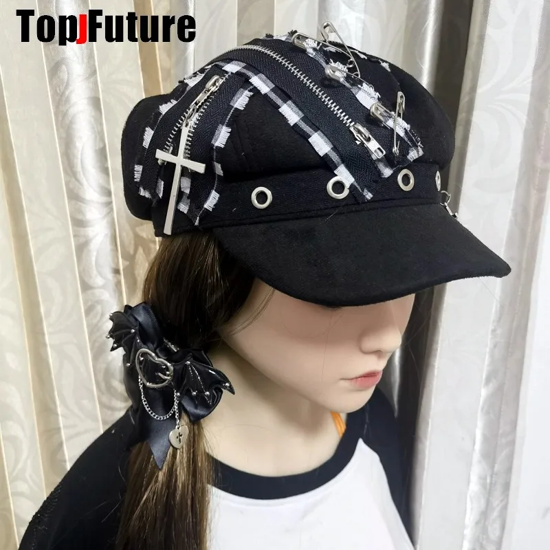 Wholesale Custom Make Customized Women Harajuku Gothic Lolita Beret hat Cap Y2K Girl Steampunk Punk zipper handmake Sun hats