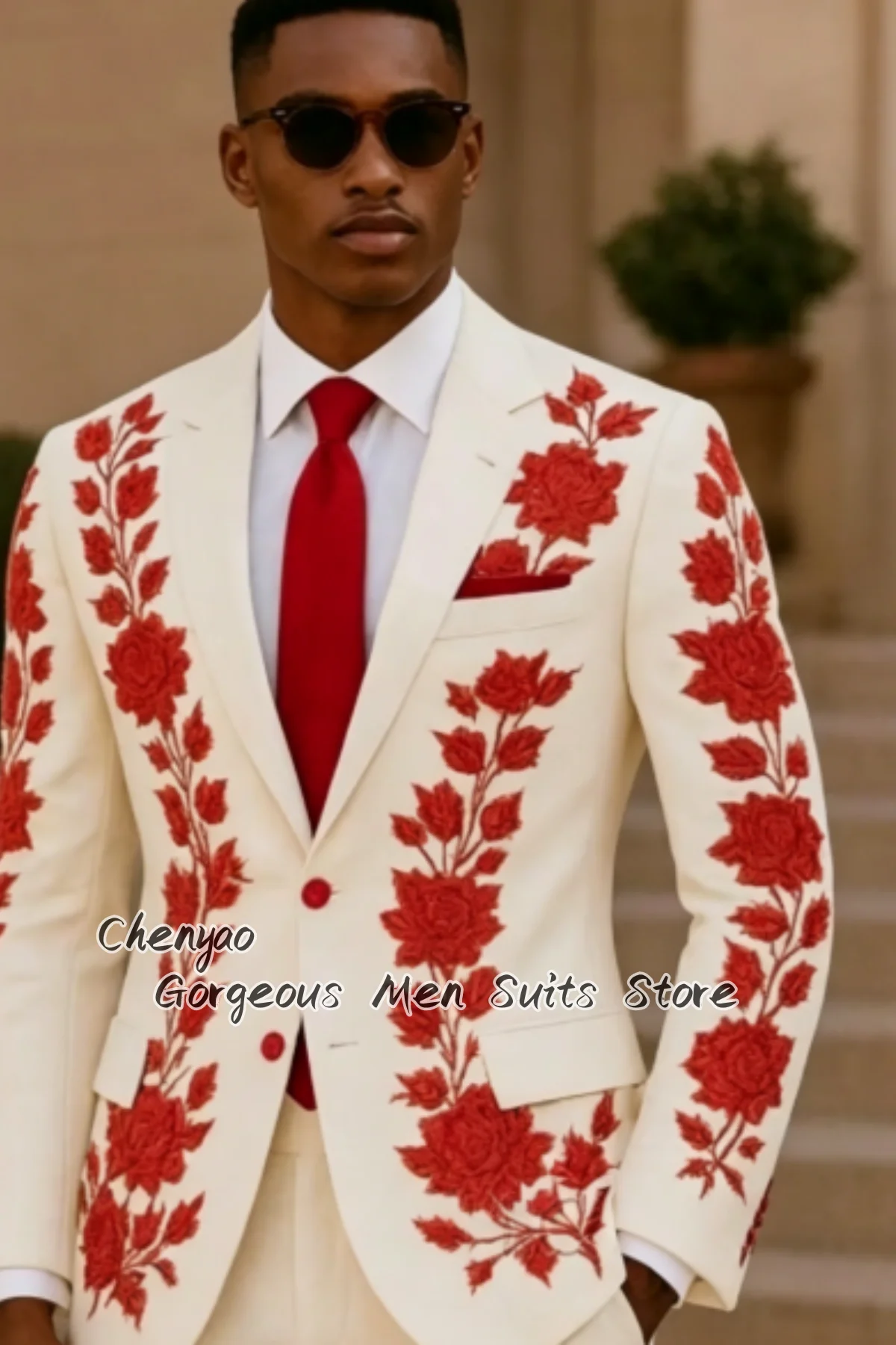 

Luxury Premium Red Rose Embroidery, Custom Slim Fit Formal Tuxedo Jacket for Groom Wedding, Prom, Party and Special Occasions