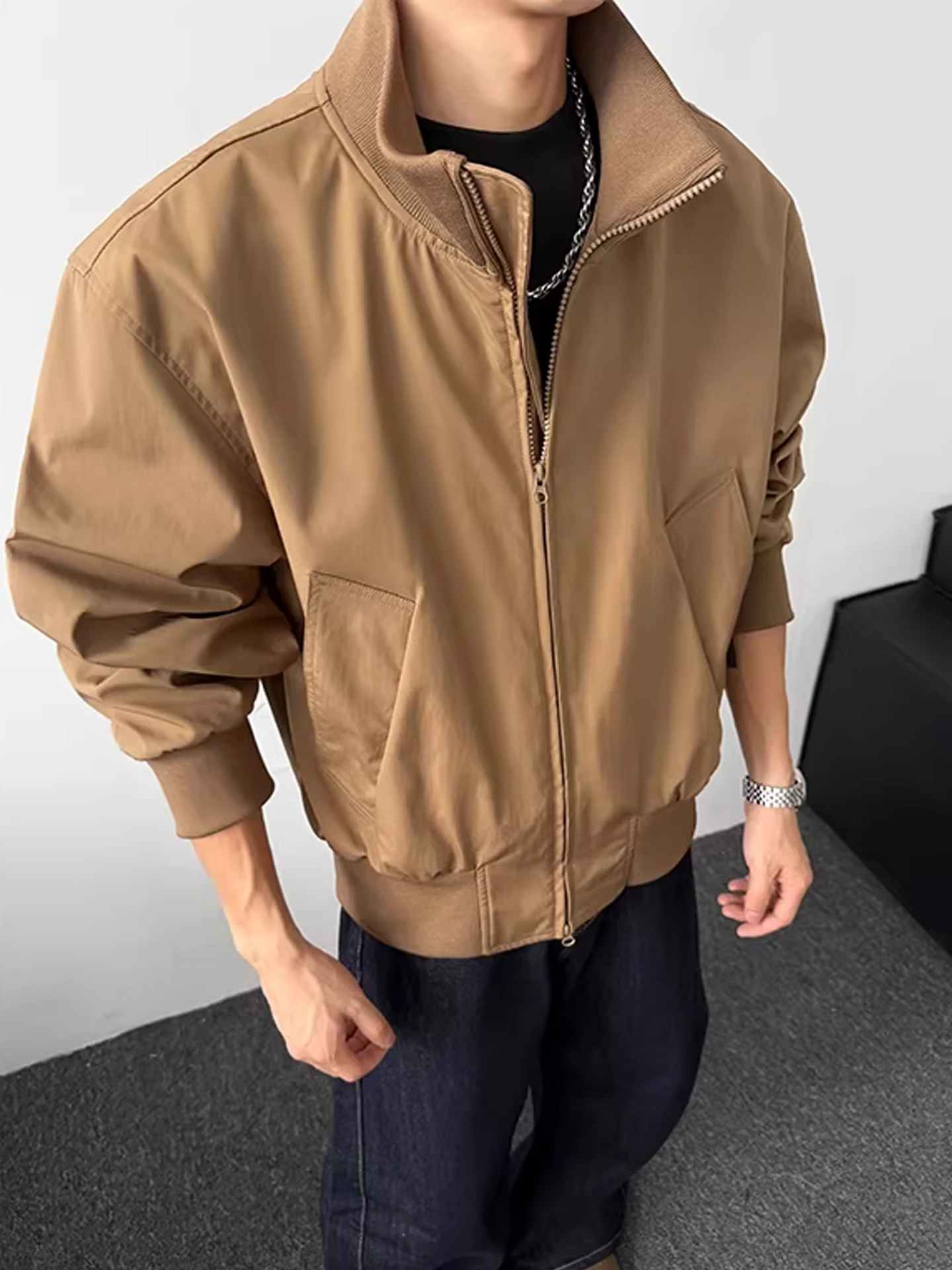 

Cleanfit Brown Stand Collar Pilot Jaet Men's Spring American ort Sle Loose Fit Versatile Top Zipper Closure Casual Work...