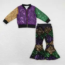 Wholesale Baby Girl Mardi Gras Outfit Long Sleeves Sequins Coat Overcoat Zipper Jacket Children Infant Bell Bottoms Pants Set