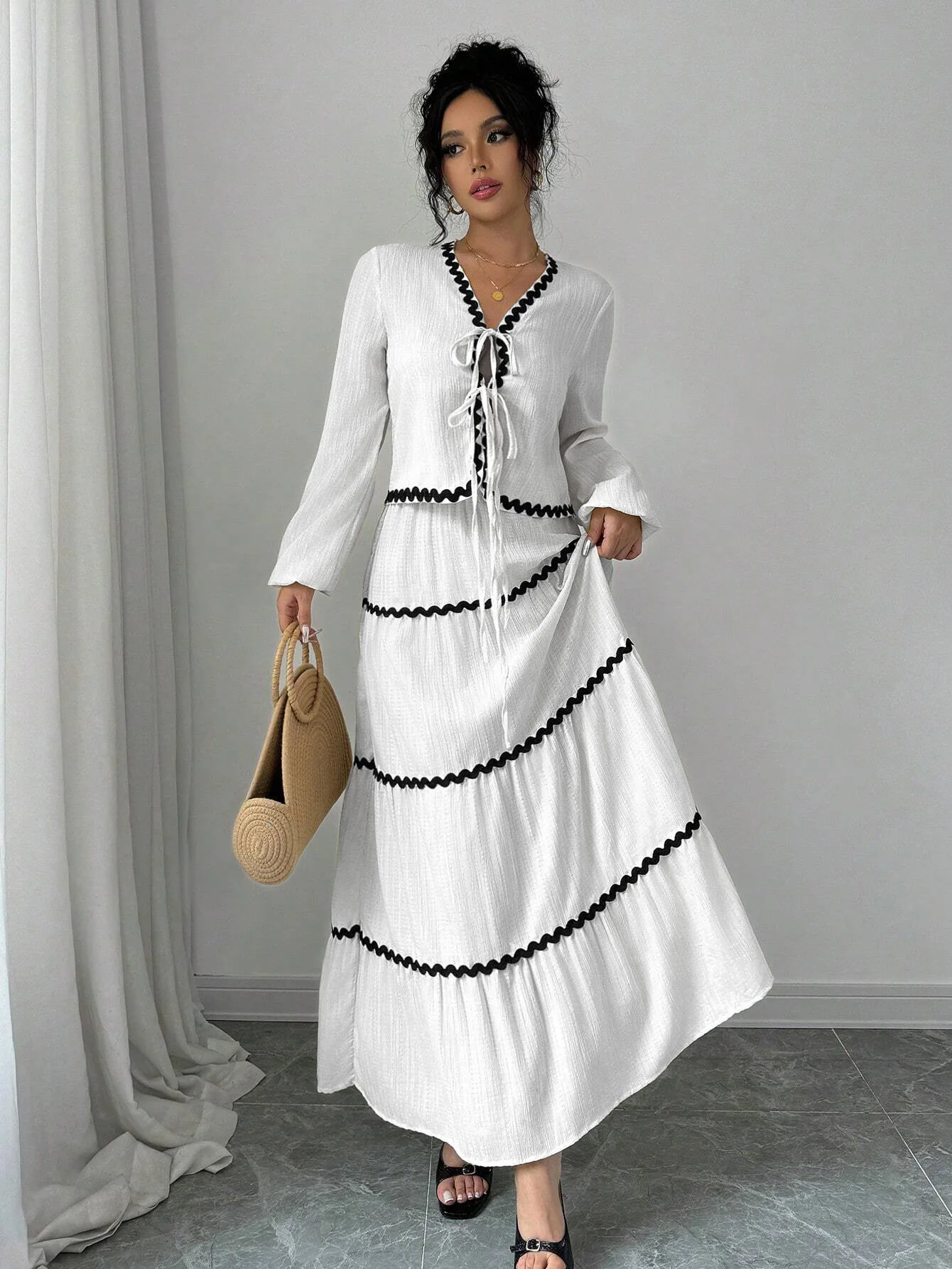 Women's Autumn Winter 2-Piece Set Dress, Casual Long Sleeve Tie-Up Top, High Waist Elegant Skirt, Perfect for Sunny Days - Image 2