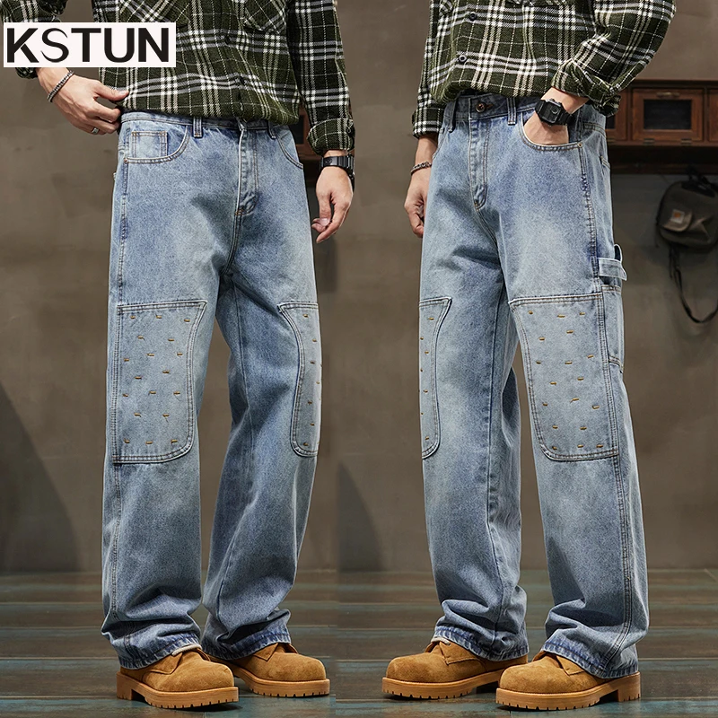 

KSTUN 2026, весенние мужские широкие джинсы, мешковатые брюки, светло-голубые свободные уличные джинсы, винтажные лоскутные джинсы с вышивкой в полоску