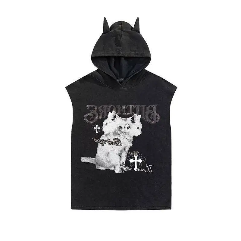 Women Tank Top 2026 New Dark Street Women Hooded Sleeveless Top Washed Loose Vest With Cute Cat Demon Print Unisex Casual Top