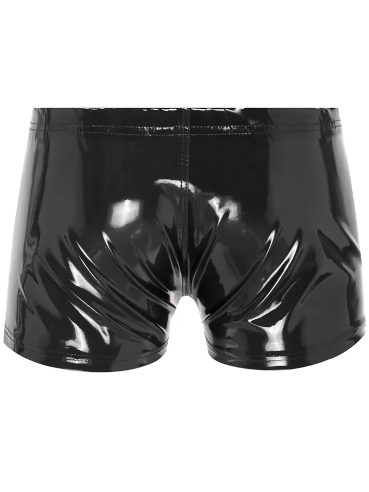 S-5XL Wet Look PVC Mens Boxer Briefs Shiny PU Leather Shorts Zipper Trunks Tight Hot Sexy Boxershorts Calzoncillos Mini Bermudas