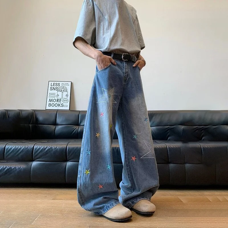 WTHT موضة الرجال التطريز التدرج فضفاض الدنيم السراويل العصرية عادية عالية الخصر واسعة الساق الجينز الذكور 2025 الصيف 2A1226 #4