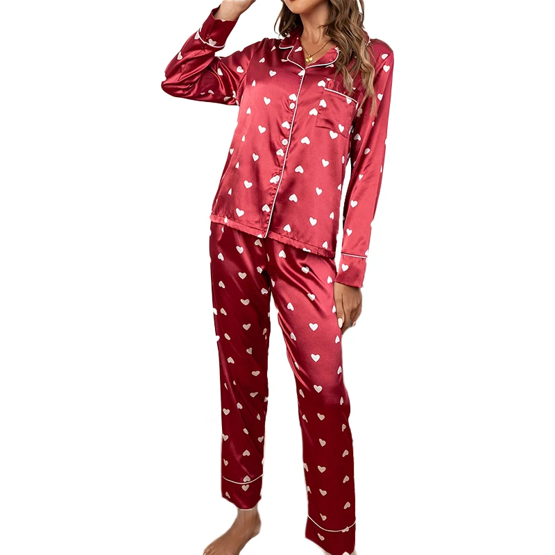 Women\'s Printed with Red Satin Heart-Shaped Printed Long Sleeved Button up Shirt Paired with Long Pants Casual Pajama Set